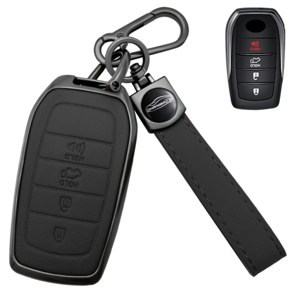 Black zinc alloy and faux leather 6-button key fob cover for Toyota Sienna 2021–2023